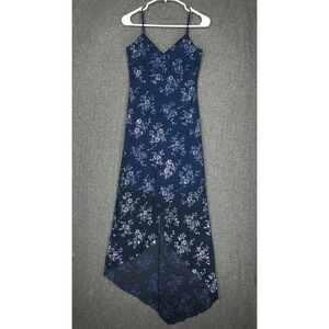 VTG Finesse Dress Junior's M Navy Silver Floral Asymmetrical Midi Strappy 90s